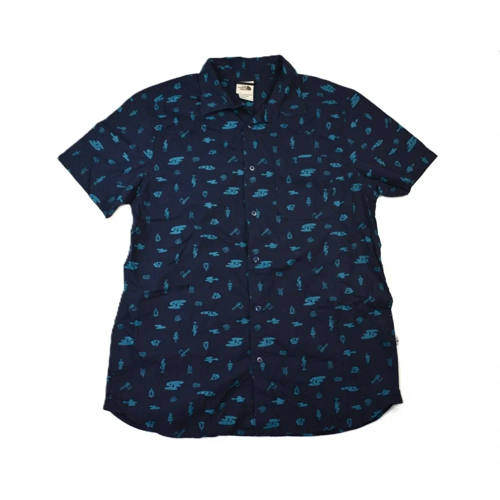 The North Face Mens Navy Blue Camping Print Short Sleeve Cotton Button Down L‎